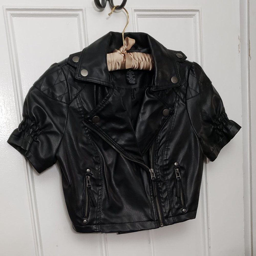 Faux Leather Short Sleeve Cropped Jacket